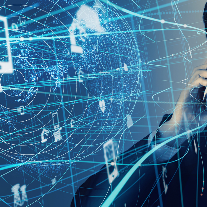 Digital network infrastructure visualization showing connected nodes and data flow for enterprise IT systems