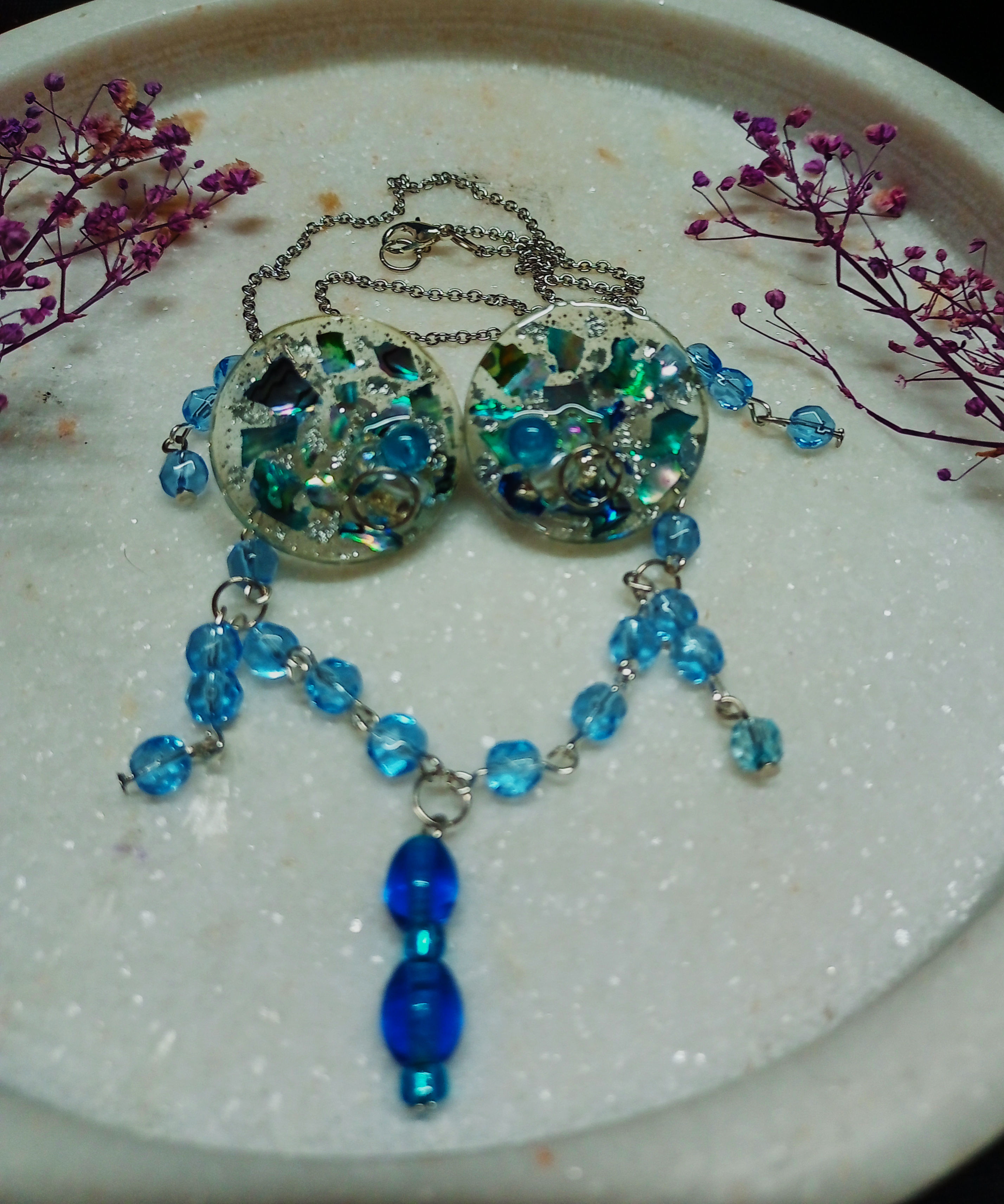 Hand crafted beaded necklace with resin stud earrings