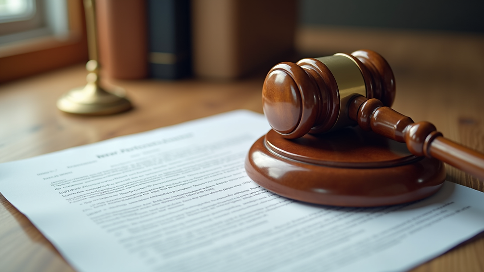 Close-up view of legal documents and a gavel on a wooden desk