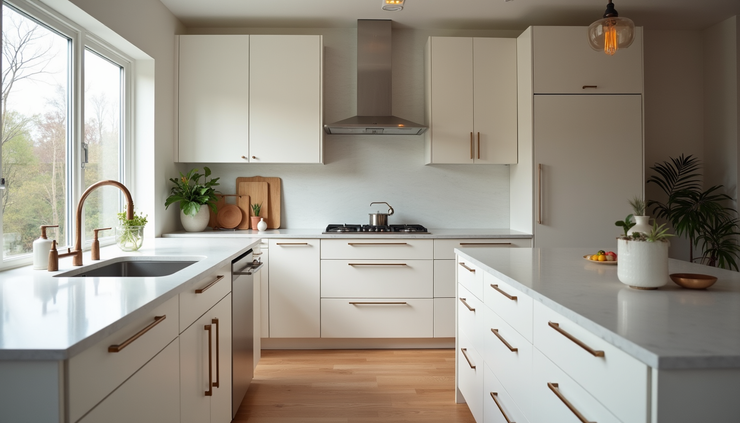 Eye-level view of freshly refinished kitchen cabinets in a modern Twin Cities home
