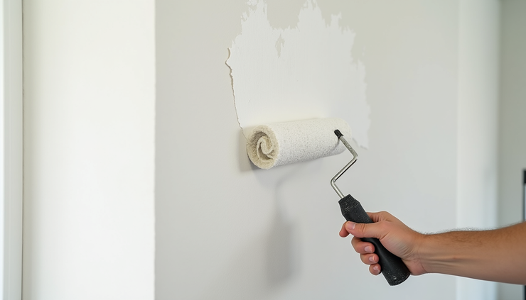 High angle view of a painter applying primer to a wall