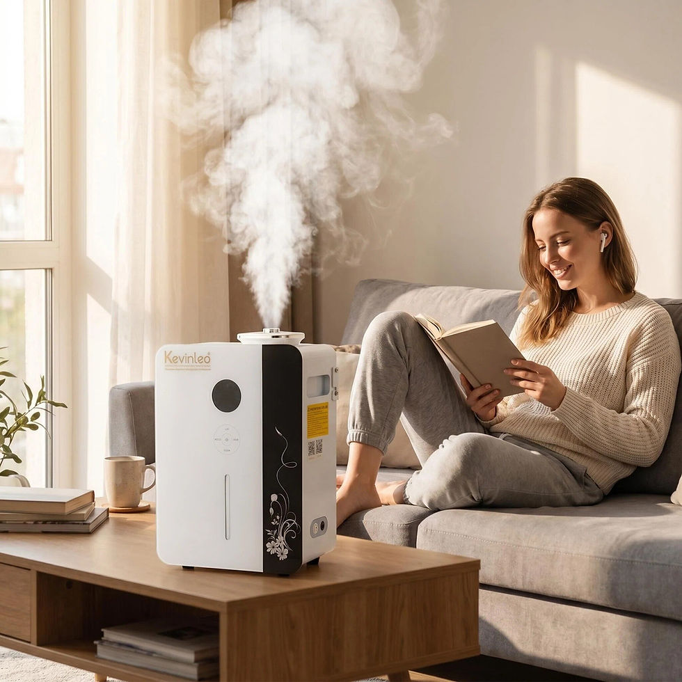 Eye-level view of a sleek scent diffuser emitting mist in a cozy living room