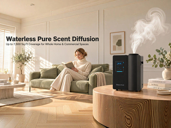 Wide-angle view of a compact scent diffuser near a home air return vent