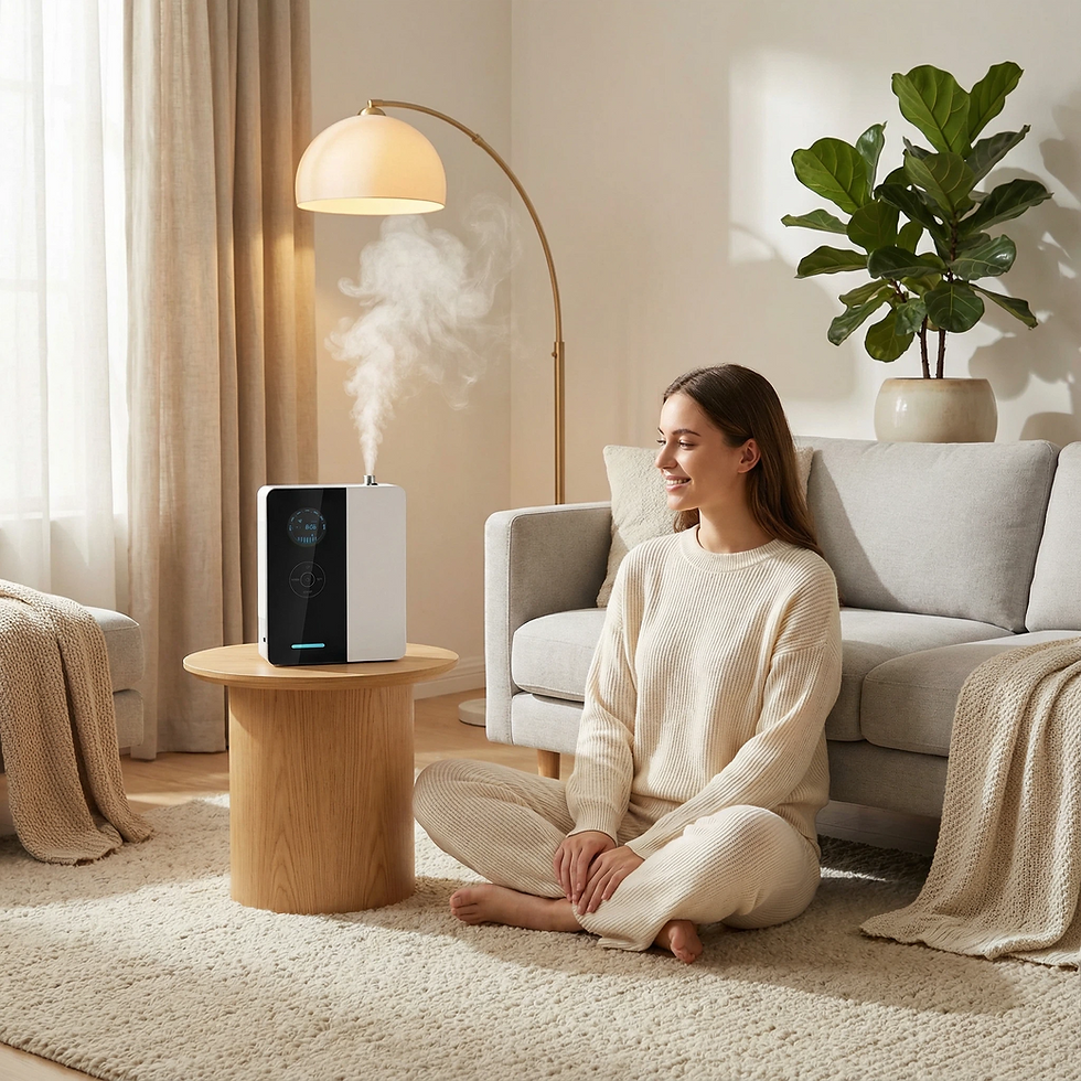 Close-up view of a scent diffuser with essential oil bottle nearby