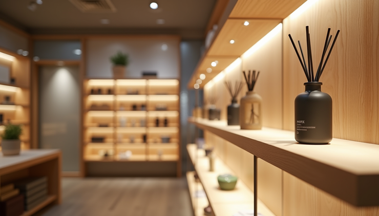 Eye-level view of a retail store interior with a sleek scent diffuser on a shelf