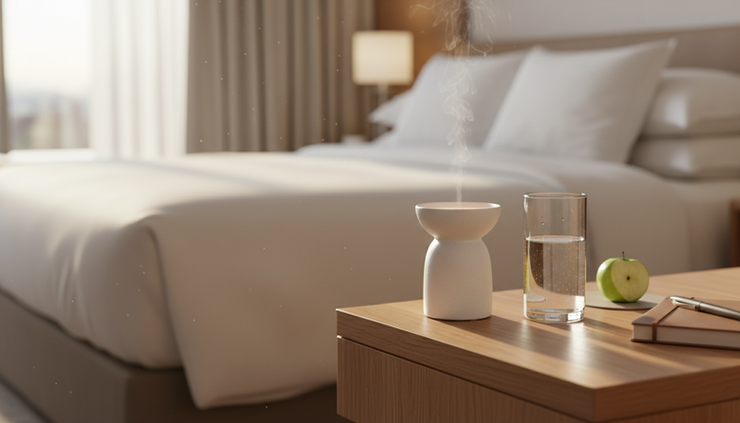 Close-up view of a ceramic diffuser beside a glass of water in a hotel guest room.