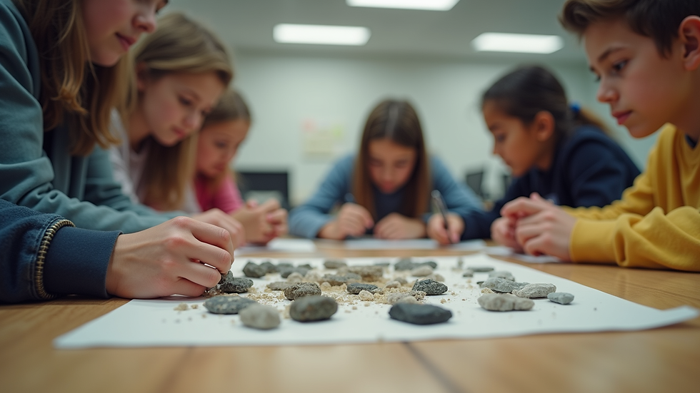 Eye-level view of students observing rock samples during a classroom activity