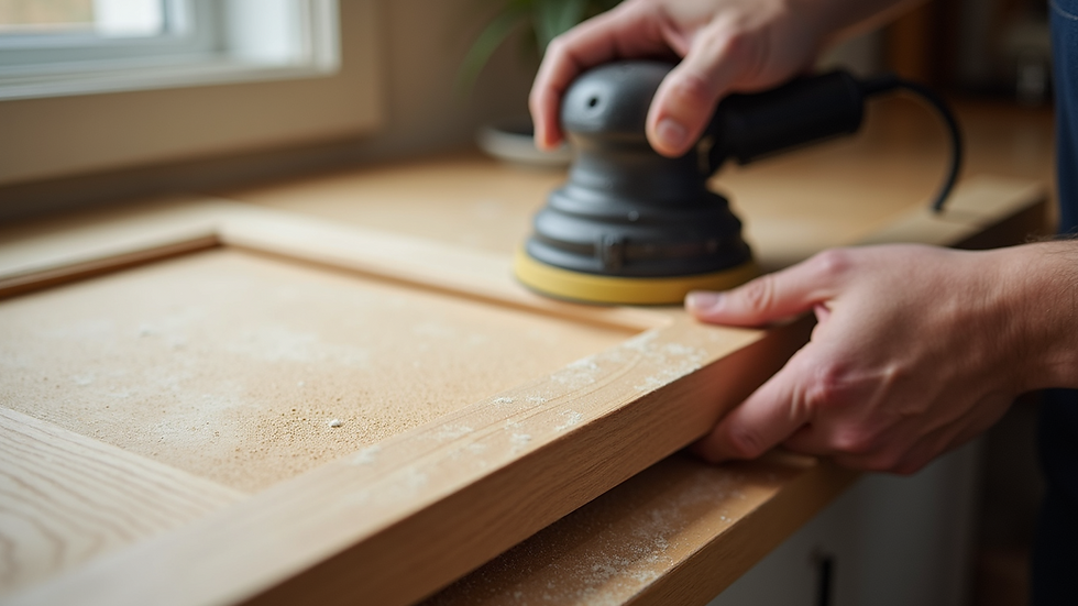 Close-up view of kitchen cabinet door being sanded