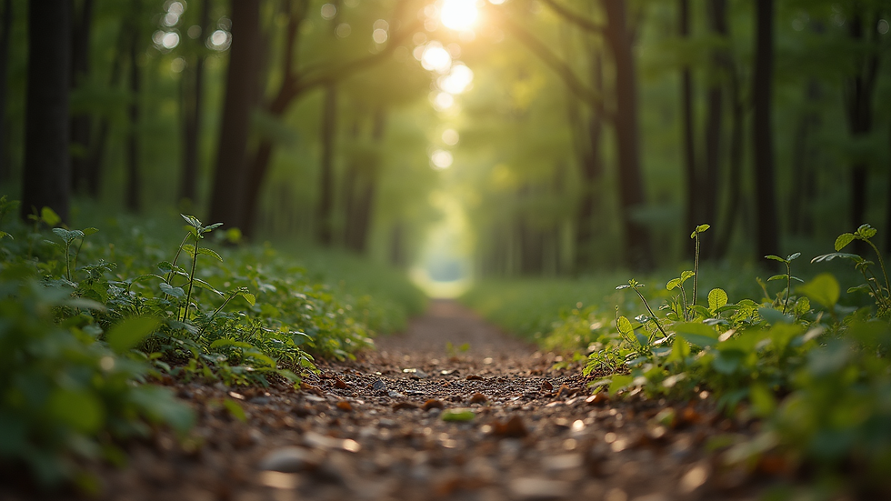 Eye-level view of a serene nature trail surrounded by trees