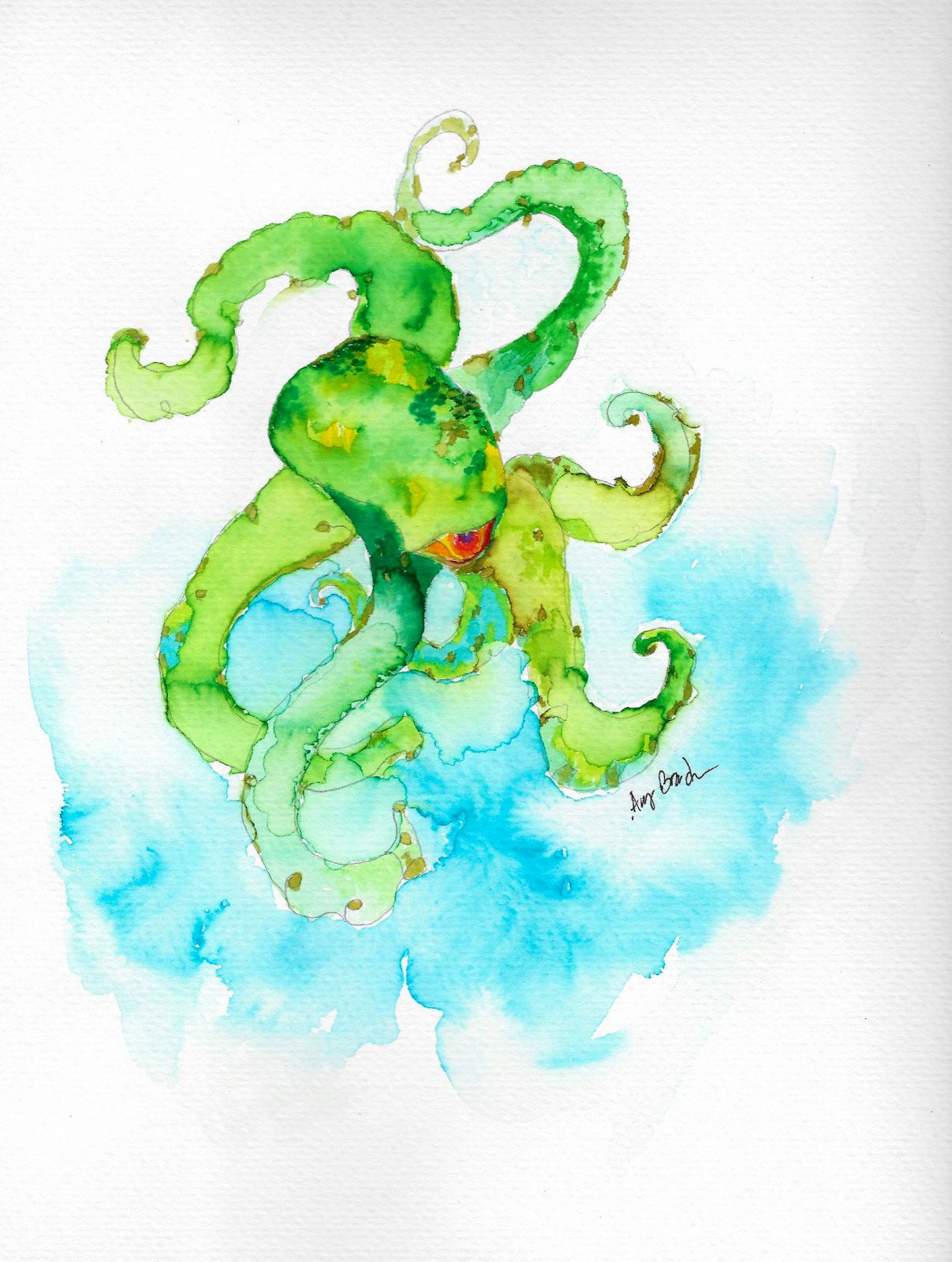 PRINT- Leroy Sea Monster, matted watercolor print, 11x14"