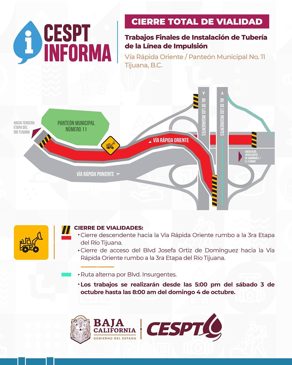 Por obras de la CESPT, cerrarán este sábado Vía Rápida en 3ra Etapa del Río Tijuana