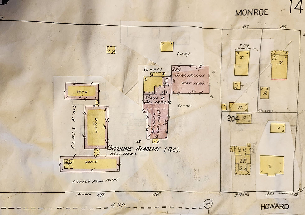 1928 Sanborn map with 1963 edits pasted over the 1928 map.