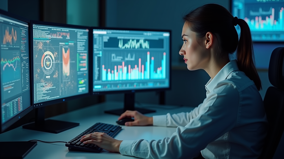Eye-level view of a data scientist working with predictive models on multiple screens