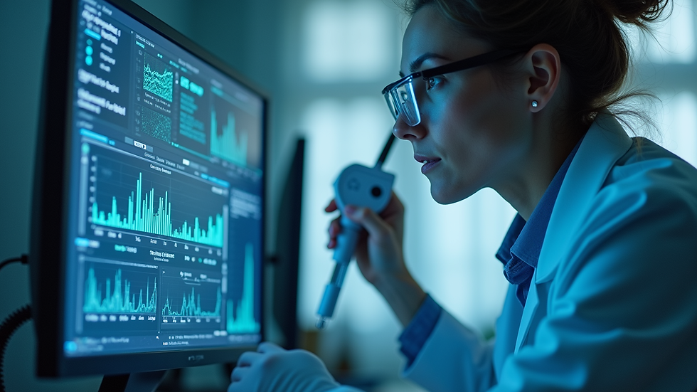 Eye-level view of a scientist analyzing biomarker data on a computer screen
