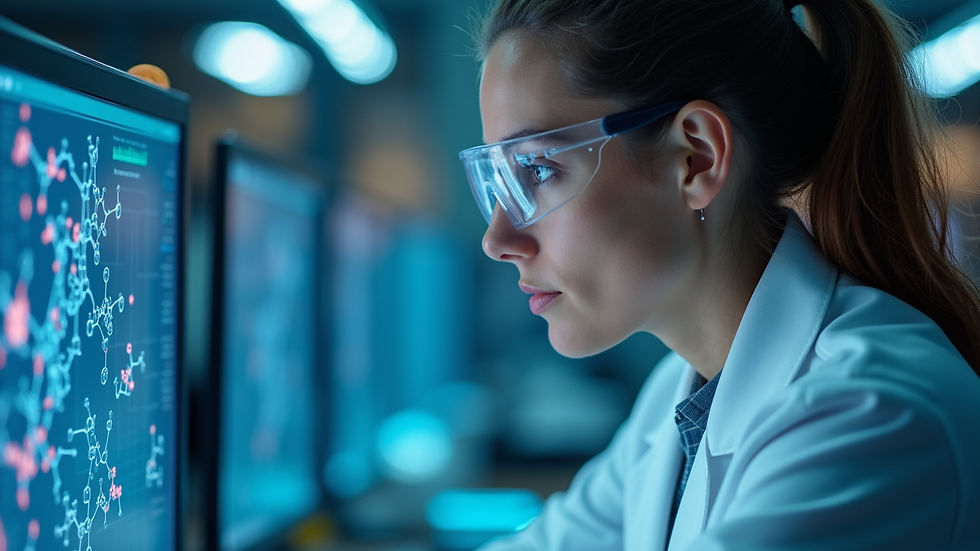 Close-up view of a scientist analyzing molecular structures on a computer screen