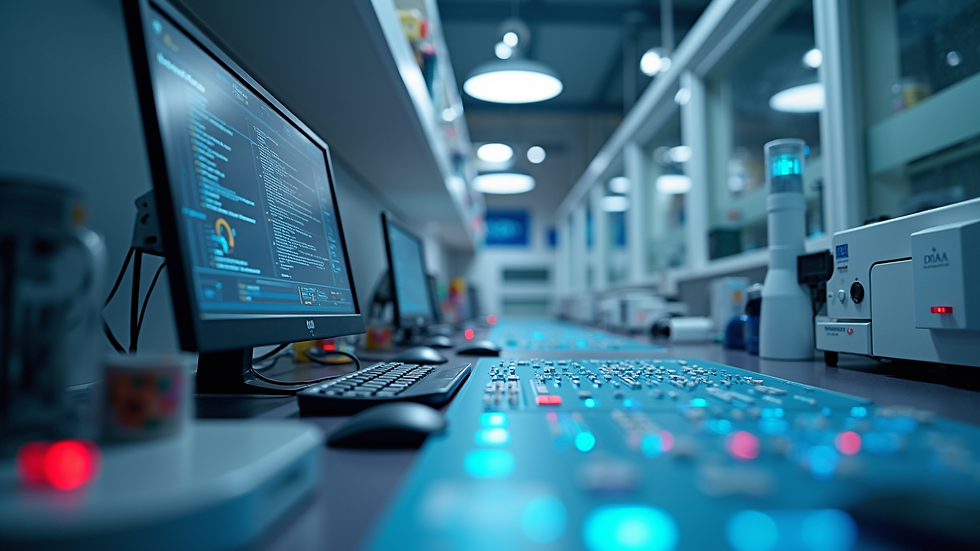 Close-up view of a laboratory workstation with bioinformatics equipment