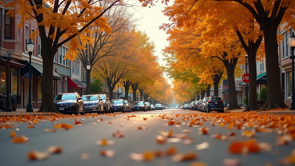 Eye-level view of a cozy Midwest town street with colorful autumn leaves