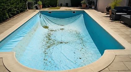 Piscine avant remplacement du liner avec revêtement usé, déformé et affaissé avant rénovat