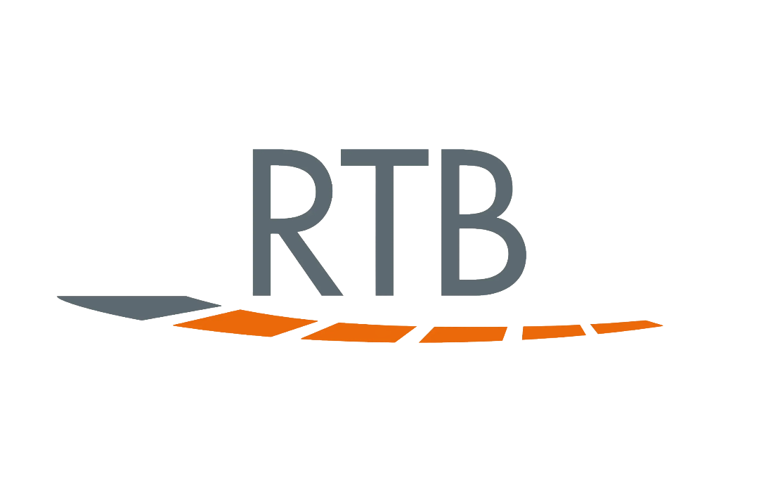 RTB Logo: Grauer 'RT', oranges 'B' und stilisierte Linie darunter.