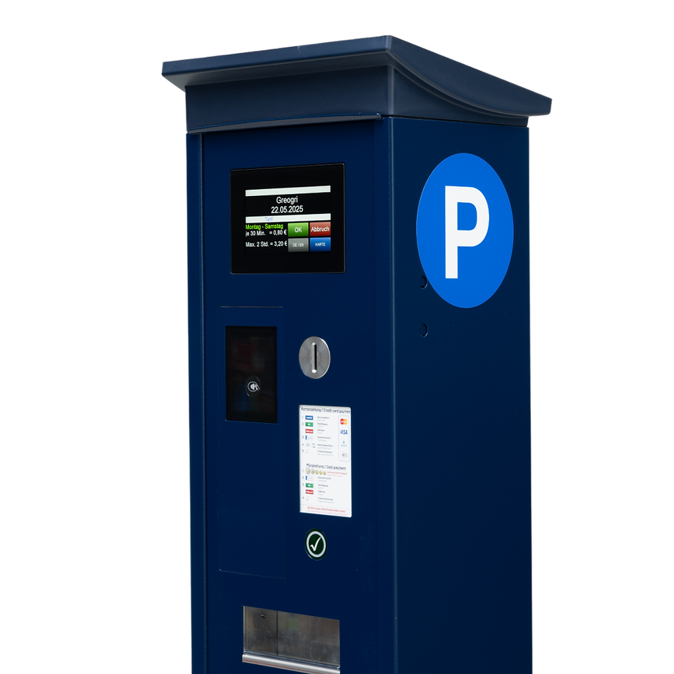 Moderner dunkelblauer Parkscheinautomat mit Bildschirm und großem 'P'-Symbol.