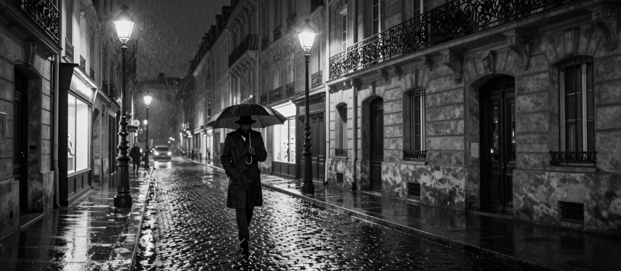 Scène de rue urbaine en noir et blanc avec jeux d'ombres et de lumières