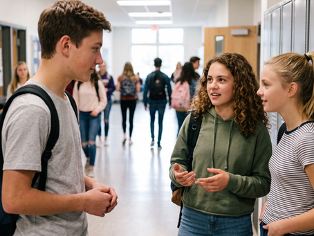 Three high school students talking in a hallway without the distraction of smartphones.
