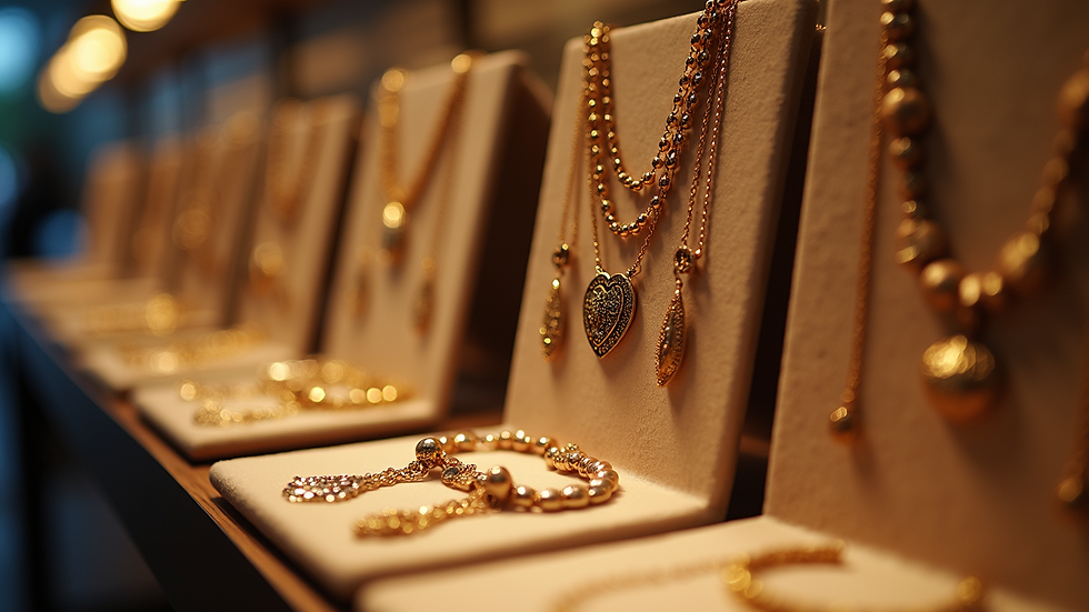 Eye-level view of a jewelry display with layered necklaces and bracelets