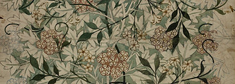 Jasmine. Wallpaper design with background of hawthorn leaves, blossom and branches with a