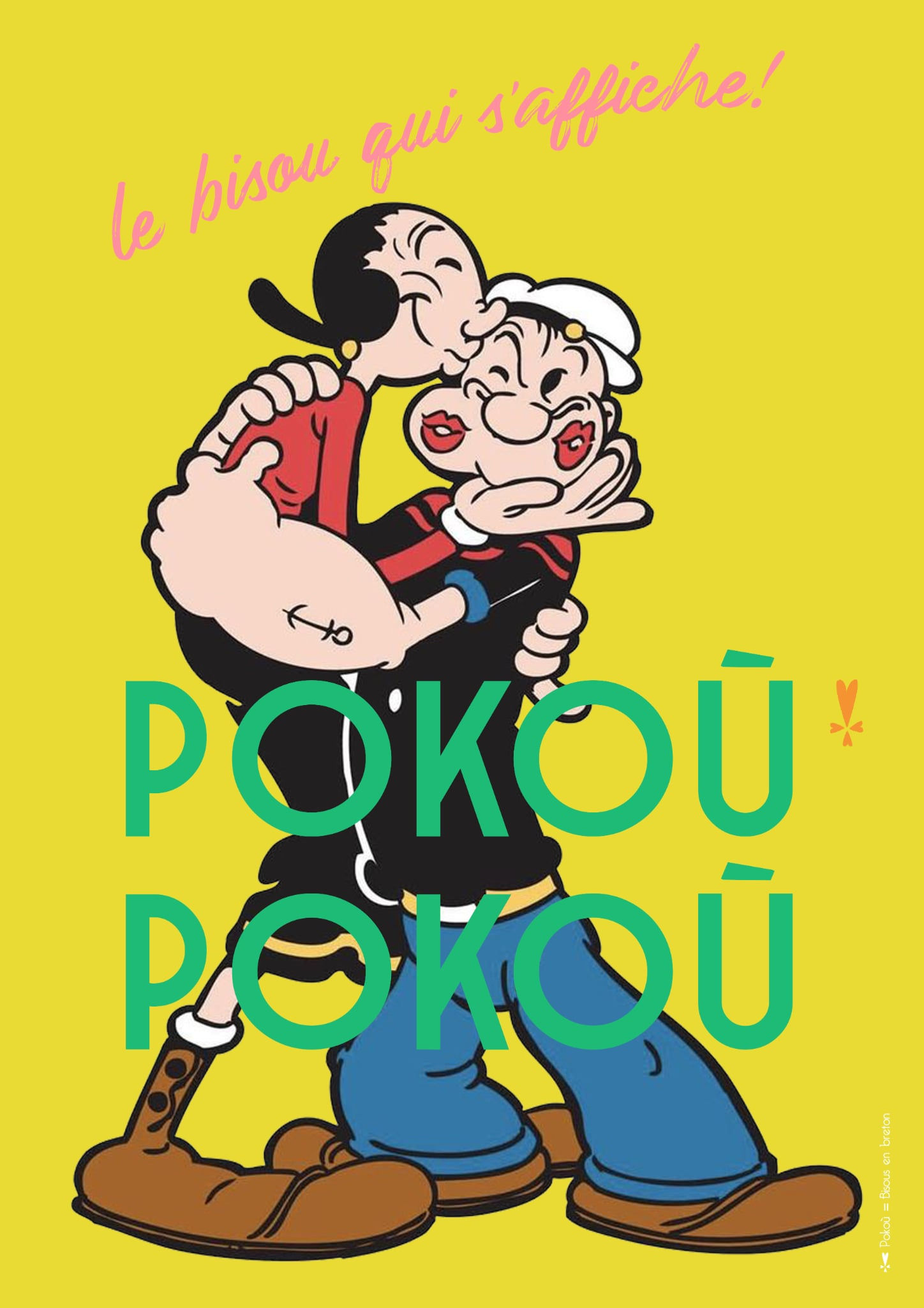 Affiche illustrée d’une femme élancée en tenue vintage embrassant tendrement un marin costaud – Pokoù Pokoù