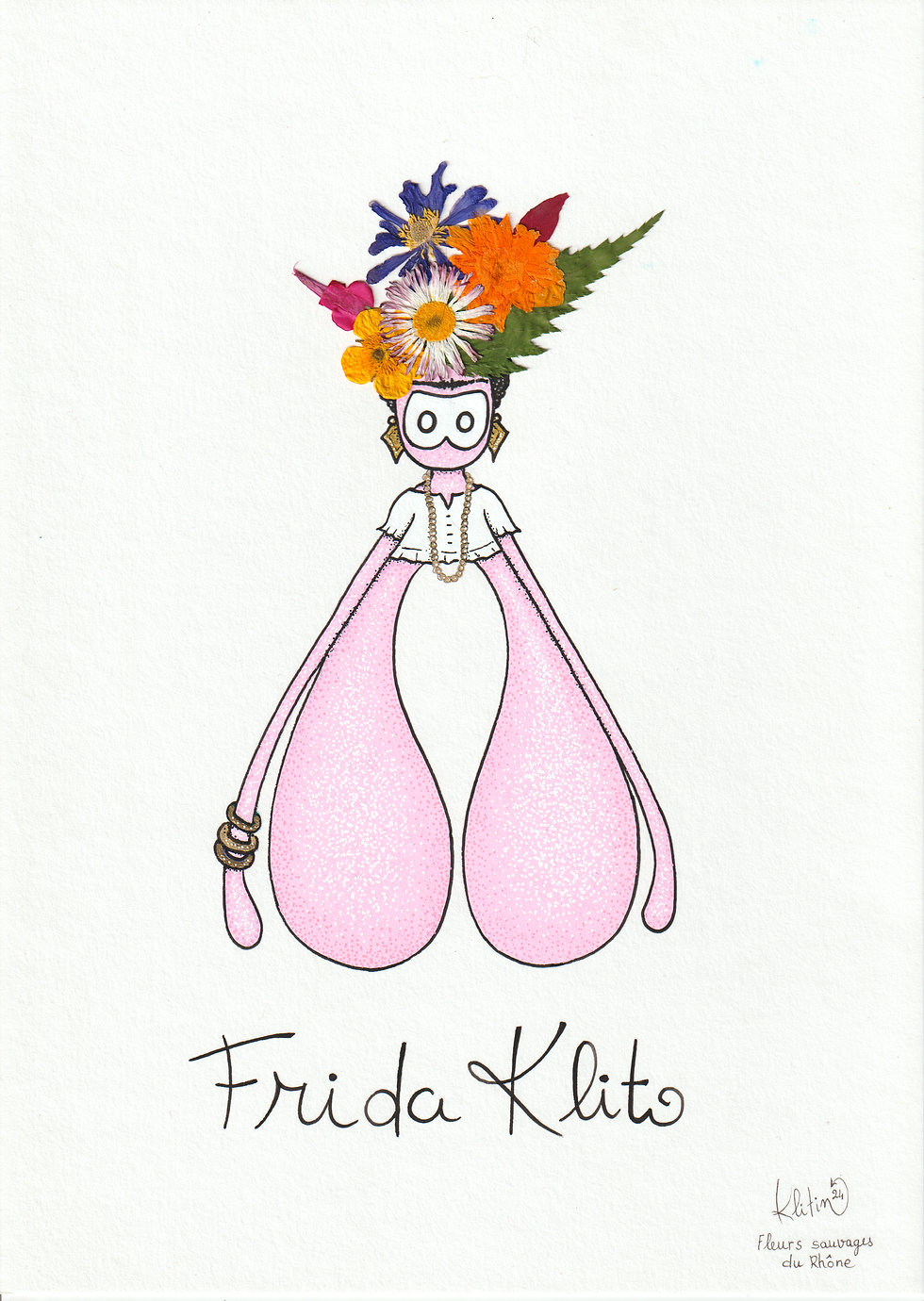 Miniature : Frida Klito, print blanc et rose avec fleurs séchées