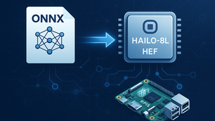 A diagram shows an ONNX file converting to a Hailo-8L HEF chip, with a Raspberry Pi board below on a blue tech-themed background.