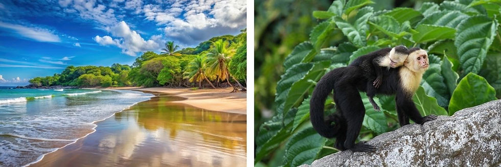 Sandy beach with palm trees and vibrant blue sky on the left. On the right, a monkey carrying a baby on its back on a stone ledge.
