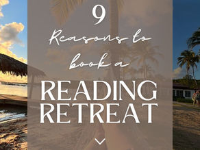 Tropical location, person reading a book in a hammock. Text stating 9 reasons to book a reading retreat.
