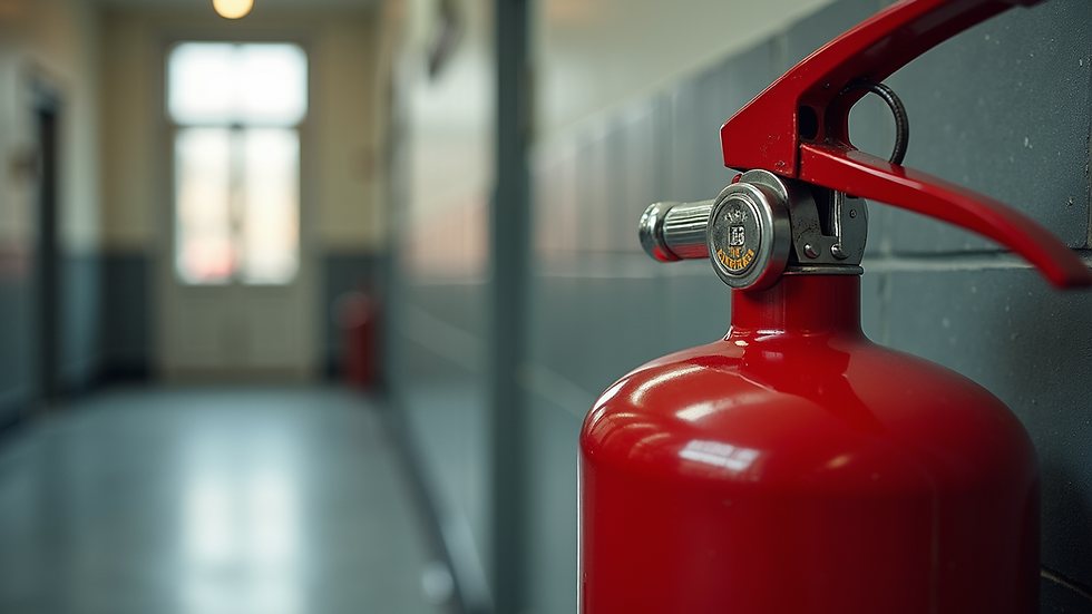 Close-up view of a fire extinguisher mounted on a wall