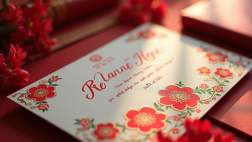 Eye-level view of a traditional Vietnamese wedding invitation with calligraphy and floral designs