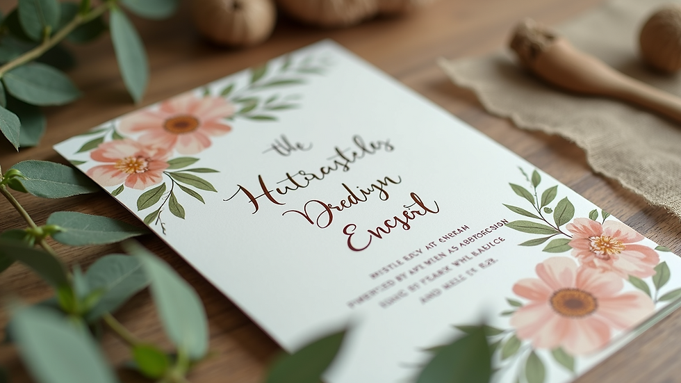 Eye-level view of eco-friendly wedding invitation with natural floral design
