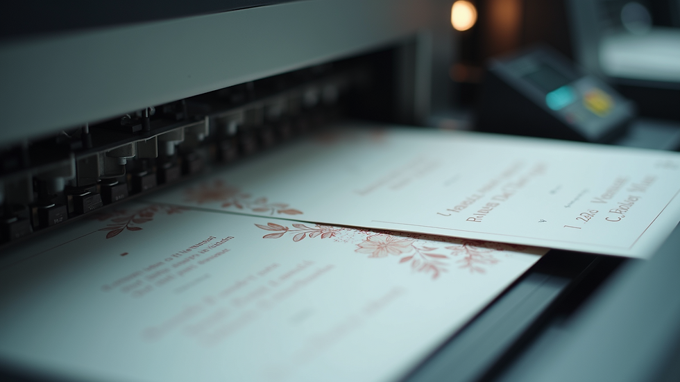 Eye-level view of printing machine producing wedding invitations