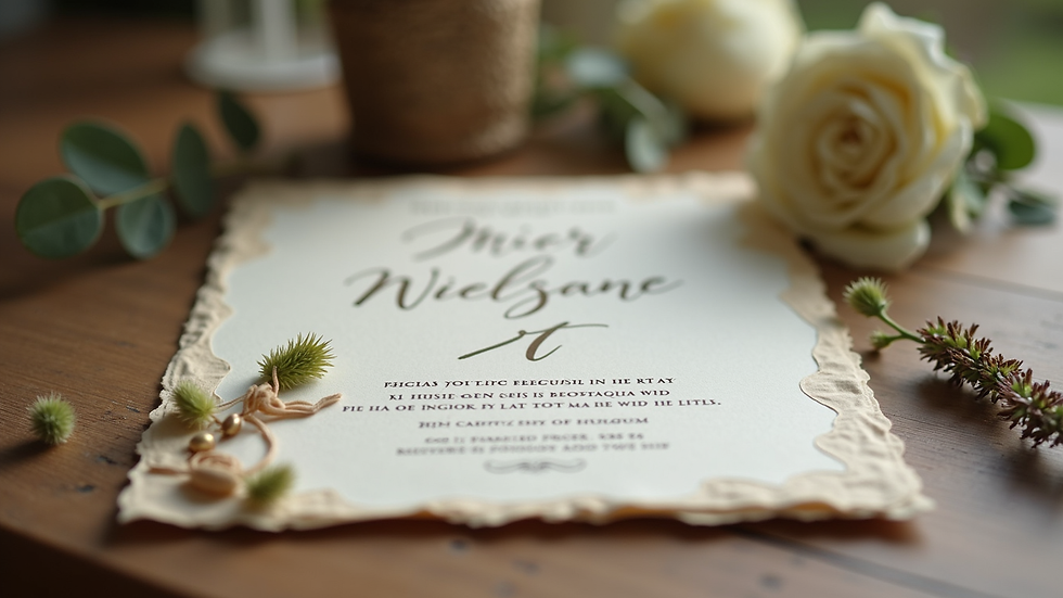 Eye-level view of a rustic eco-friendly wedding invitation with natural decorations