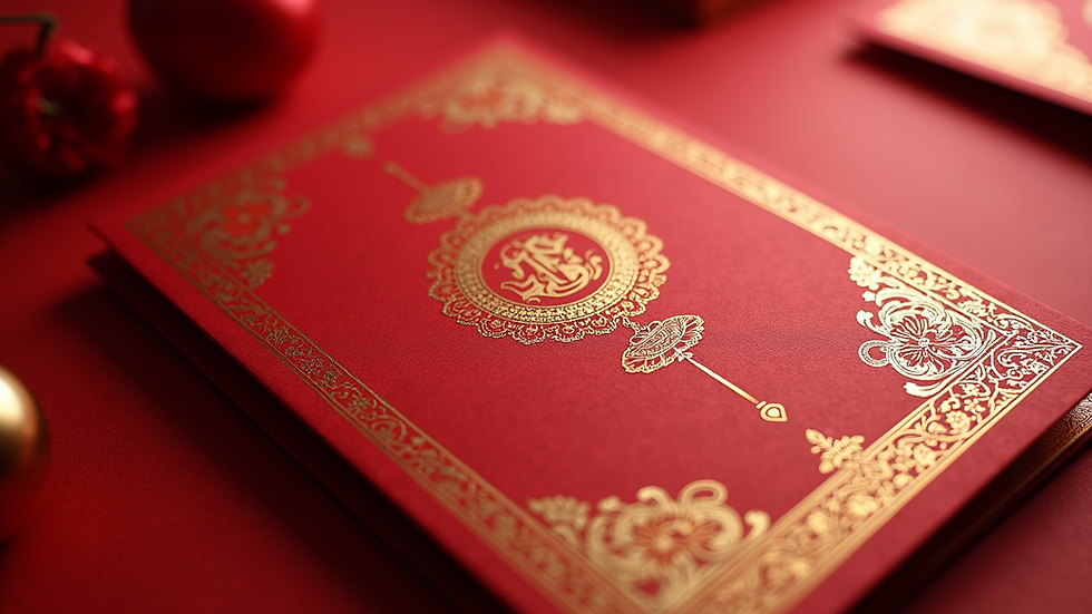 Close-up view of traditional Vietnamese wedding invitation with red and gold patterns