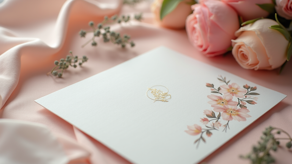 Eye-level view of modern minimalist wedding invitation with floral decoration