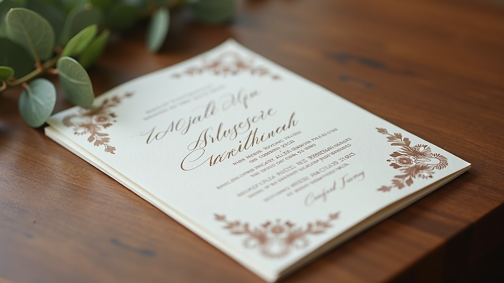 Close-up view of elegant wedding invitation card on wooden table