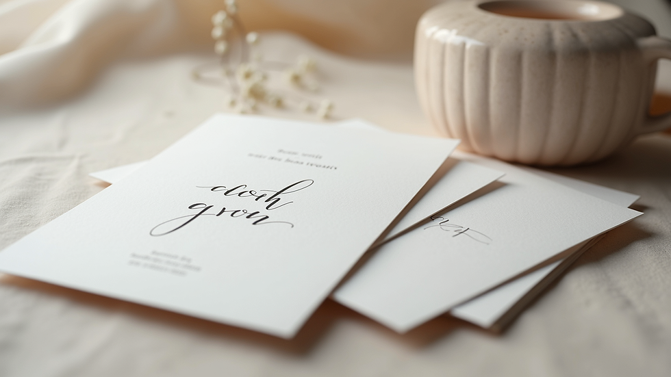 Eye-level view of a stack of modern wedding invitations with minimalist design