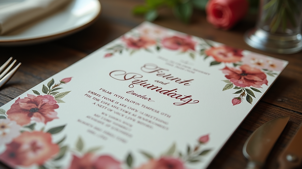 Eye-level view of a wedding invitation with floral design on a rustic table