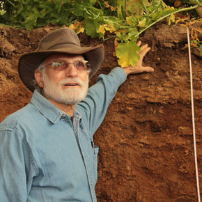 Dr. Ray Weil standing in a soil pit (2014), pointing to the layers of a long-term no-till soil profile in Pennsylvania.