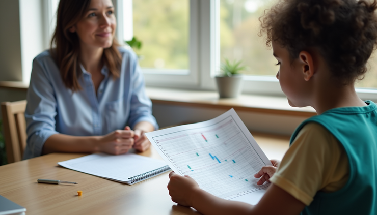 Close-up view of a BCBA reviewing a child's progress chart in a therapy center
