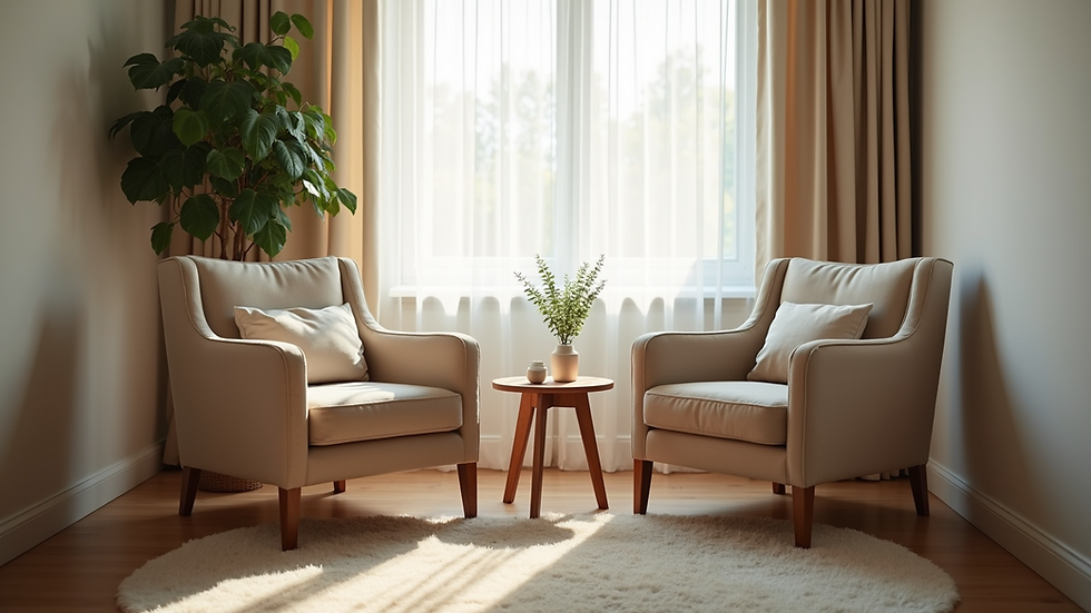 Eye-level view of a cozy therapy room with two chairs and a small table