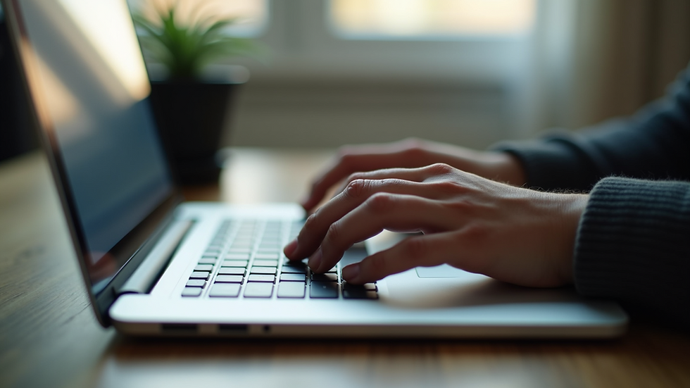 Close-up view of a person’s hands typing on a laptop keyboard during an online therapy session