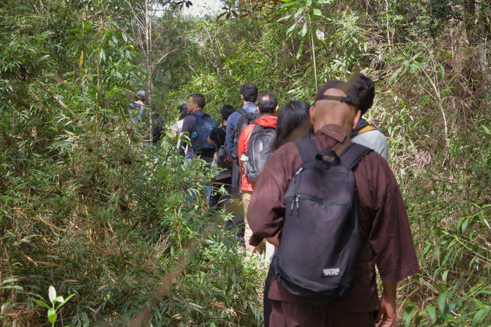 A group of people walks single file along a narrow path through dense, green woodland. Tall grasses, bushes, and trees surround the trail. The individuals are seen from behind and are wearing backpacks and outdoor clothing; at the head of the group walks a person in a brown robe reminiscent of traditional monastic attire. The light filters through the canopy, creating a tranquil and nature-connected atmosphere, as if the group were on a meditative or mindful hike.