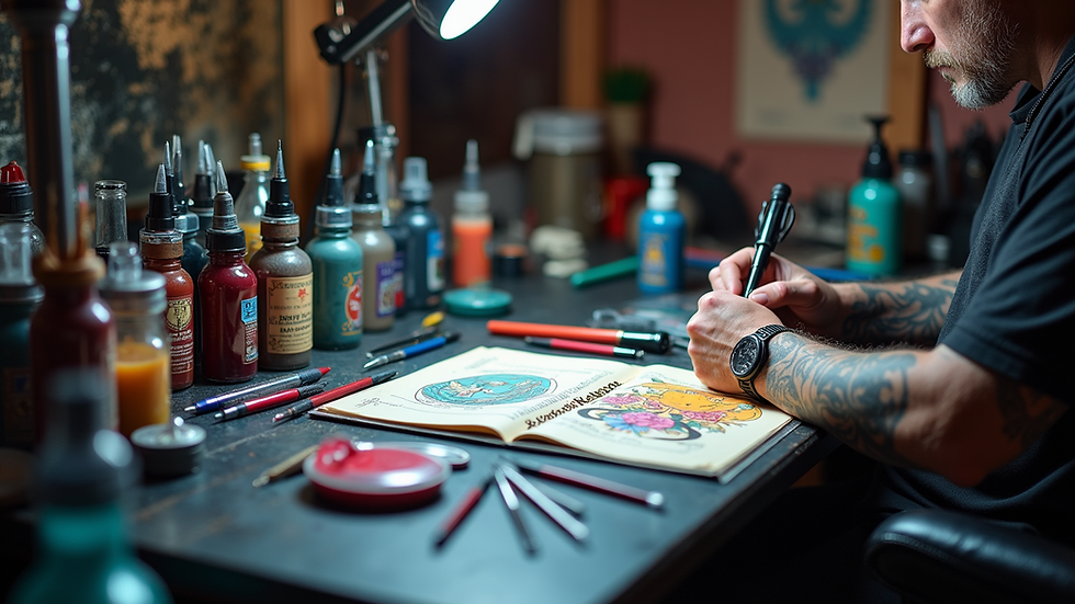 Close-up view of a tattoo artist's workspace with ink and needles