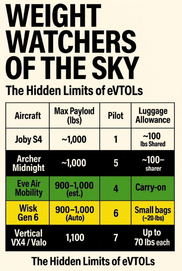 eVTOL payload comparison across OEM platforms